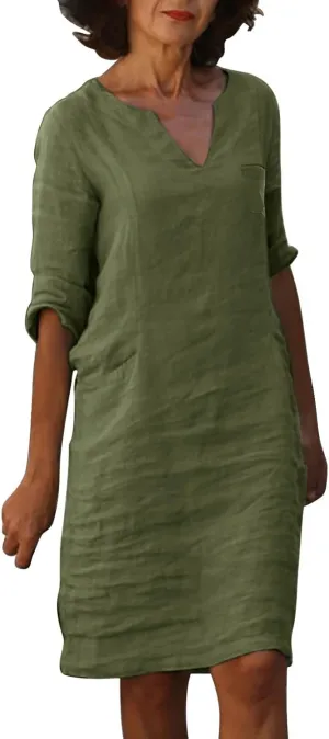 Cotton Linen Dress for Women Spring Summer Casual Elegant V Neck 3/4 Sleeve Midi Plain Beach Knee Length Shirt Dress