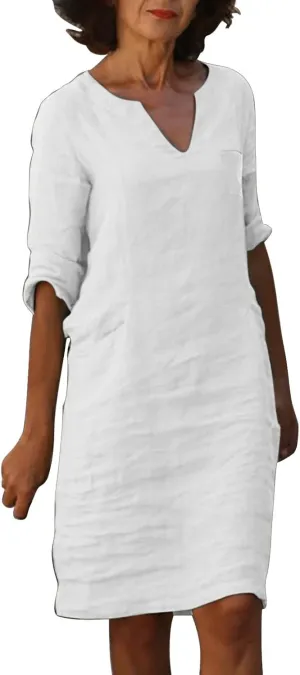 Cotton Linen Dress for Women Spring Summer Casual Elegant V Neck 3/4 Sleeve Midi Plain Beach Knee Length Shirt Dress