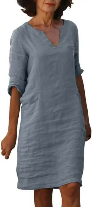 Cotton Linen Dress for Women Spring Summer Casual Elegant V Neck 3/4 Sleeve Midi Plain Beach Knee Length Shirt Dress