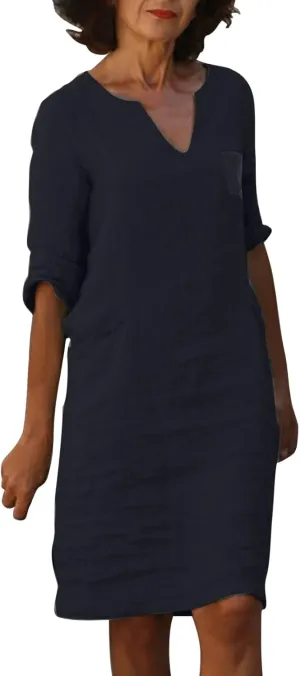 Cotton Linen Dress for Women Spring Summer Casual Elegant V Neck 3/4 Sleeve Plain Beach Knee Length Midi Shirt Dress
