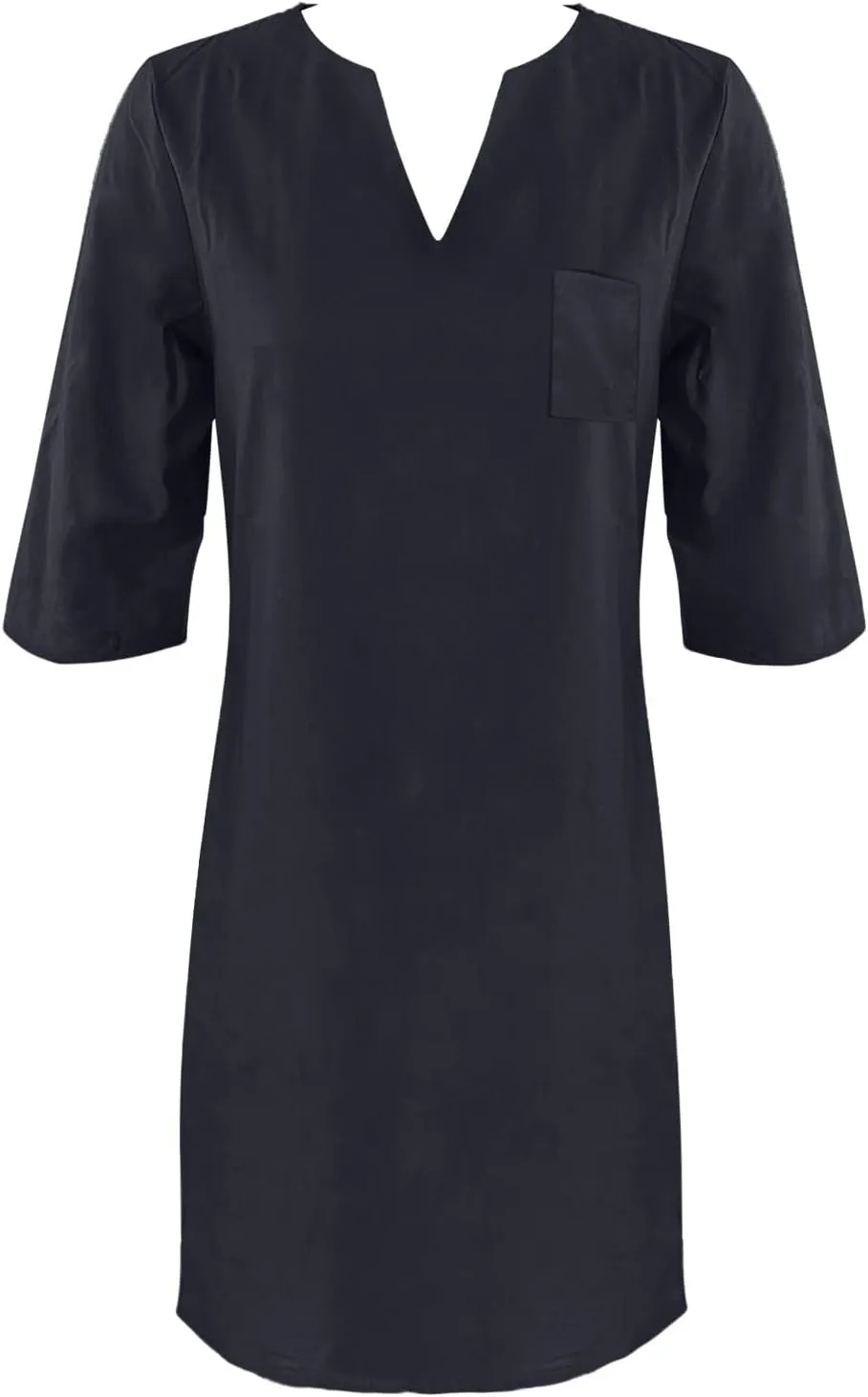 Cotton Linen Dress for Women Spring Summer Casual Elegant V Neck 3/4 Sleeve Plain Beach Knee Length Midi Shirt Dress