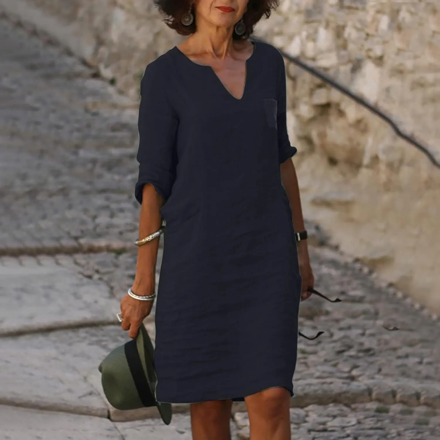 Cotton Linen Dress for Women Spring Summer Casual Elegant V Neck 3/4 Sleeve Plain Beach Knee Length Midi Shirt Dress