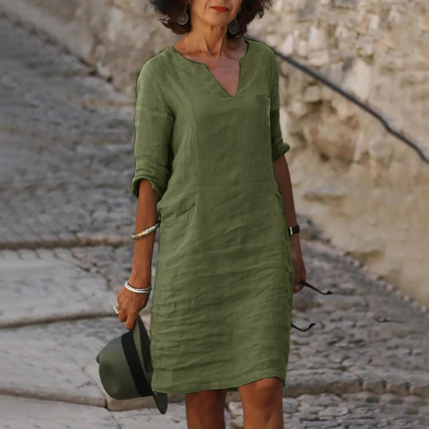 Cotton Linen Dress for Women Spring Summer Casual Elegant V Neck 3/4 Sleeve Plain Beach Knee Length Midi Shirt Dress