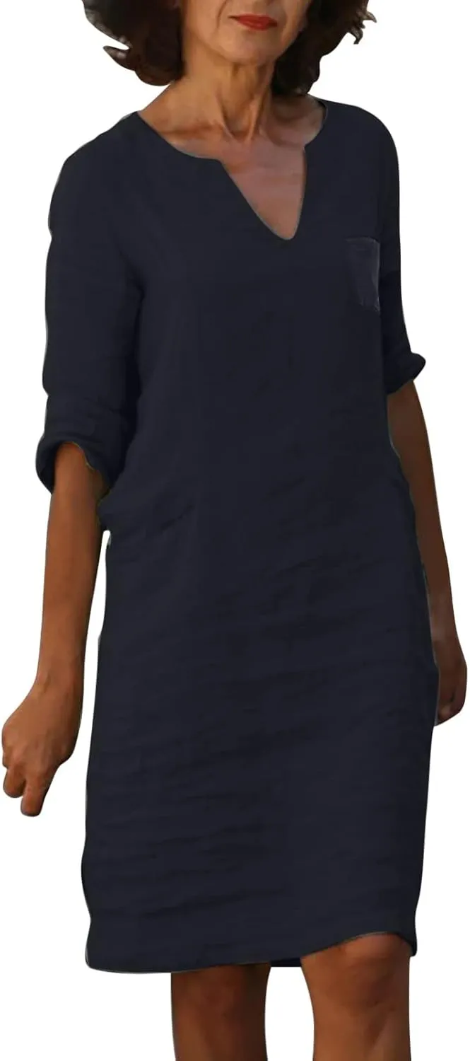 Cotton Linen Dress for Women Spring Summer Casual Elegant V Neck 3/4 Sleeve Plain Beach Knee Length Midi Shirt Dress