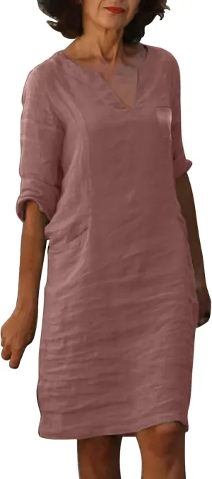 Cotton Linen Dress for Women Summer Trendy Elegant Plain Beach Dress 3/4 Sleeve Casual Lounge Cute Midi Tunic Dresses