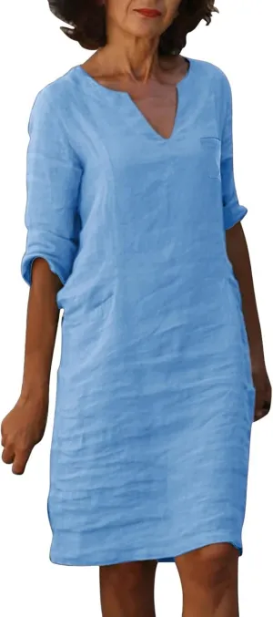 Cotton Linen Dress for Women Summer Trendy Elegant Plain Beach Dress 3/4 Sleeve Casual Lounge Cute Midi Tunic Dresses