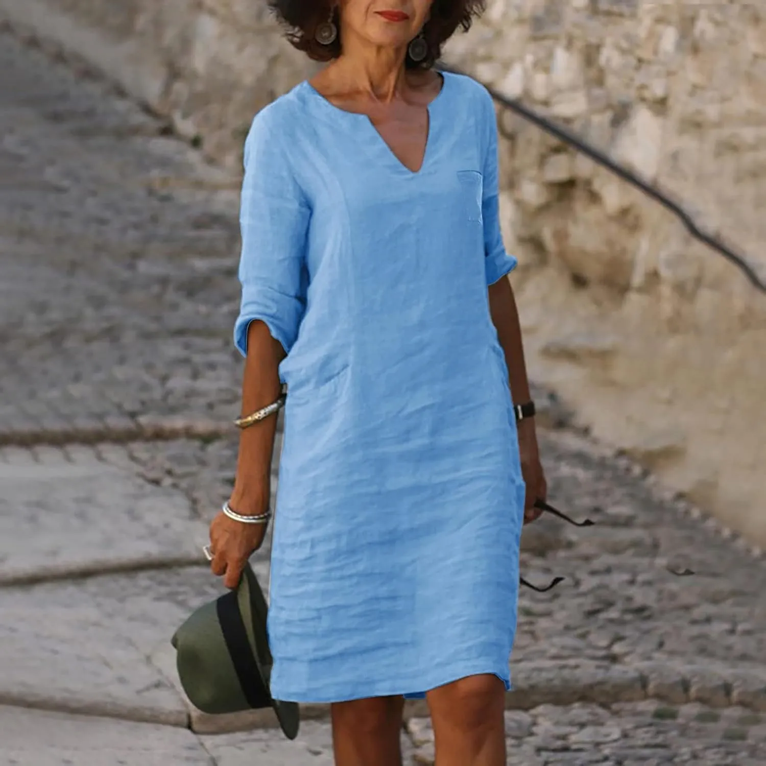 Cotton Linen Dress for Women Summer Trendy Elegant Plain Beach Dress 3/4 Sleeve Casual Lounge Cute Midi Tunic Dresses