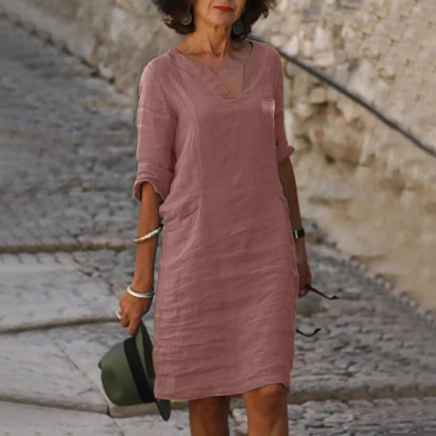 Cotton Linen Dress for Women Summer Trendy Elegant Plain Beach Dress 3/4 Sleeve Casual Lounge Cute Midi Tunic Dresses