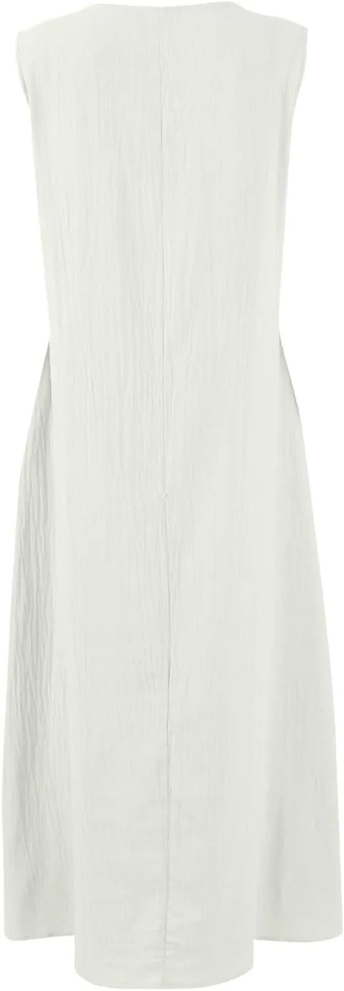 Cotton Linen Dresses for Women Casual Loose V Neck 3/4 Or Sleeveless Sundress,Summer Flowy Midi Beach Vacation Dress