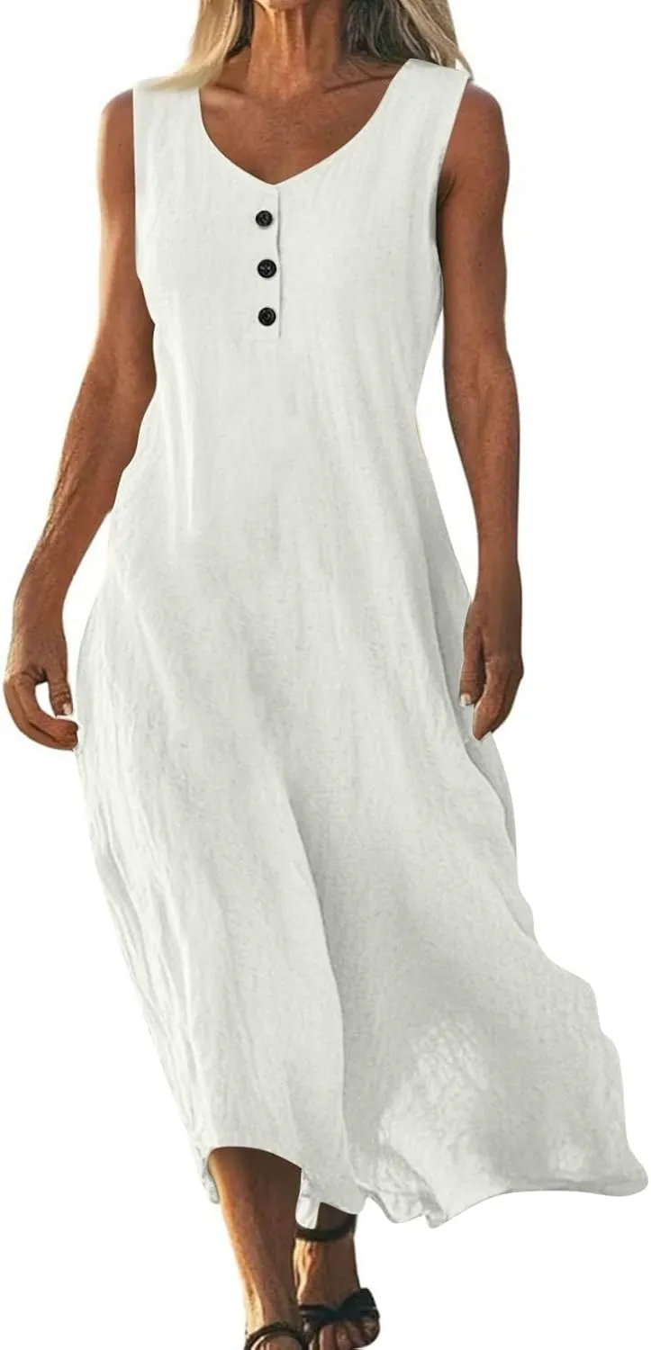 Cotton Linen Dresses for Women Casual Loose V Neck 3/4 Or Sleeveless Sundress,Summer Flowy Midi Beach Vacation Dress