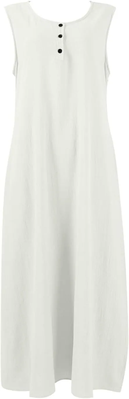 Cotton Linen Dresses for Women Casual Loose V Neck 3/4 Or Sleeveless Sundress,Summer Flowy Midi Beach Vacation Dress