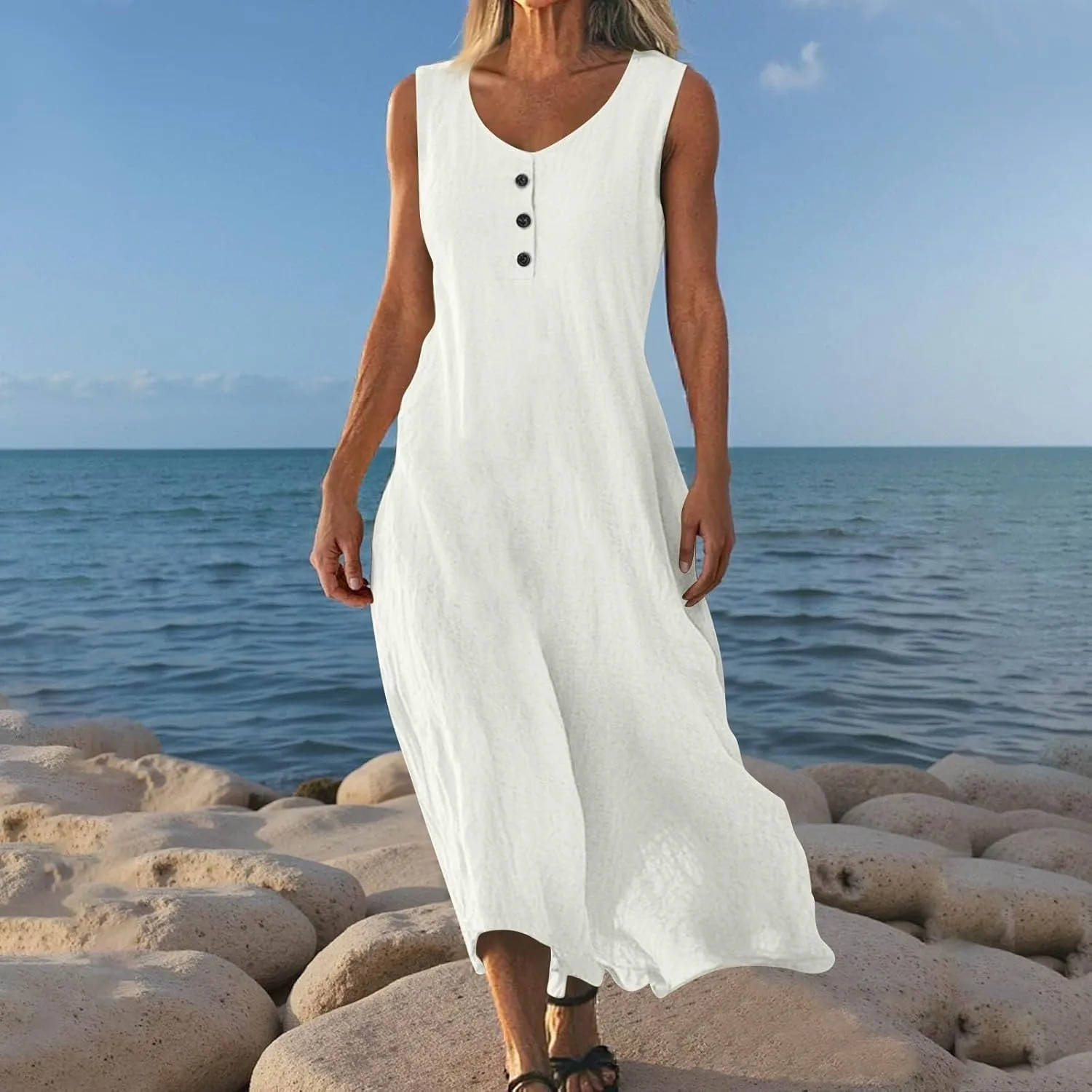 Cotton Linen Dresses for Women Casual Loose V Neck 3/4 Or Sleeveless Sundress,Summer Flowy Midi Beach Vacation Dress