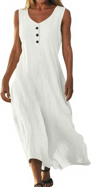 Cotton Linen Dresses for Women Casual Loose V Neck 3/4 Or Sleeveless Sundress,Summer Flowy Midi Beach Vacation Dress