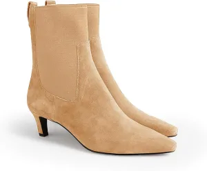 Coutgo Womens Ankle Boots Low Kitten Heel Pointed Toe Slip On Elastic Dressy Fall Winter Booties Shoes