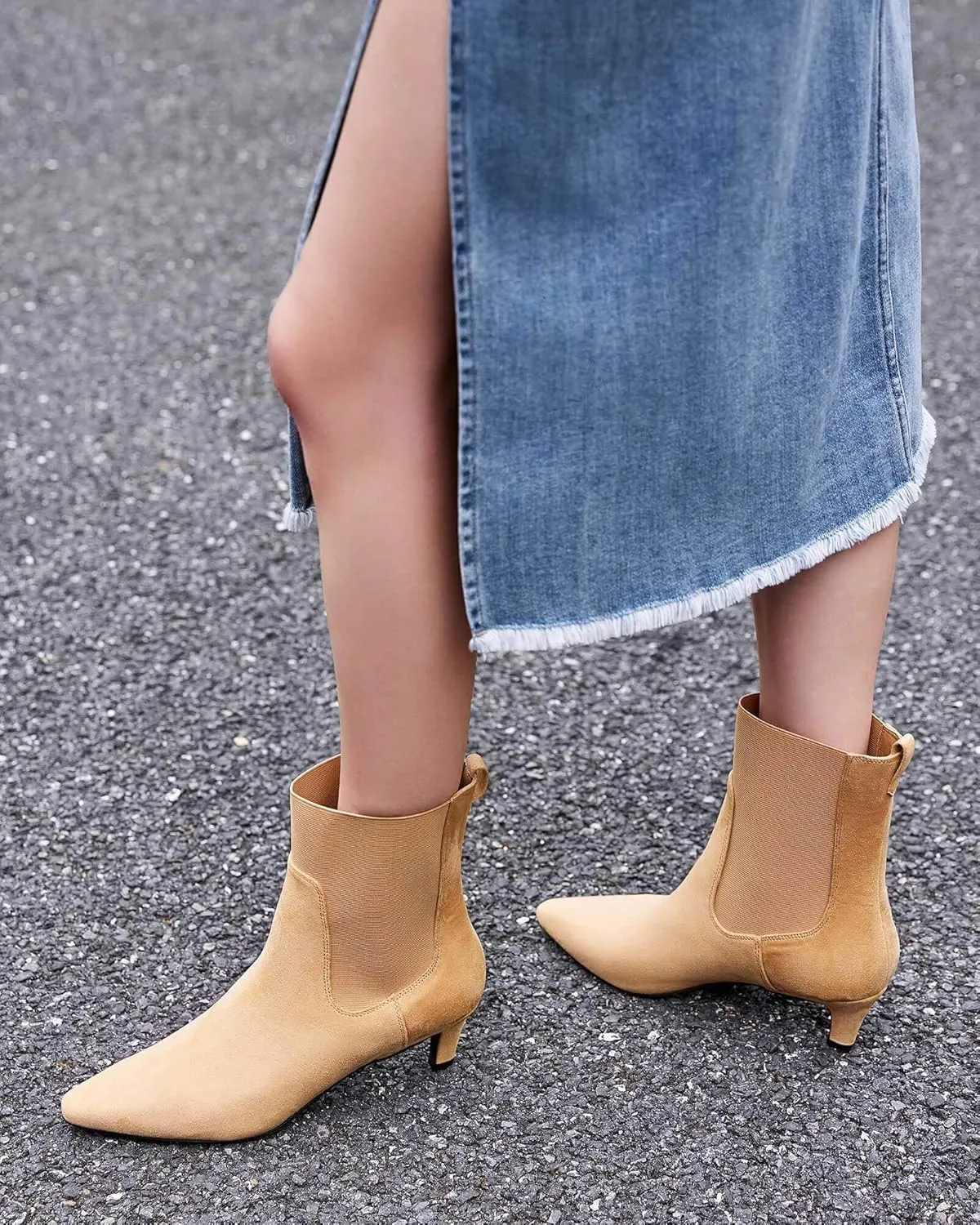 Coutgo Womens Ankle Boots Low Kitten Heel Pointed Toe Slip On Elastic Dressy Fall Winter Booties Shoes
