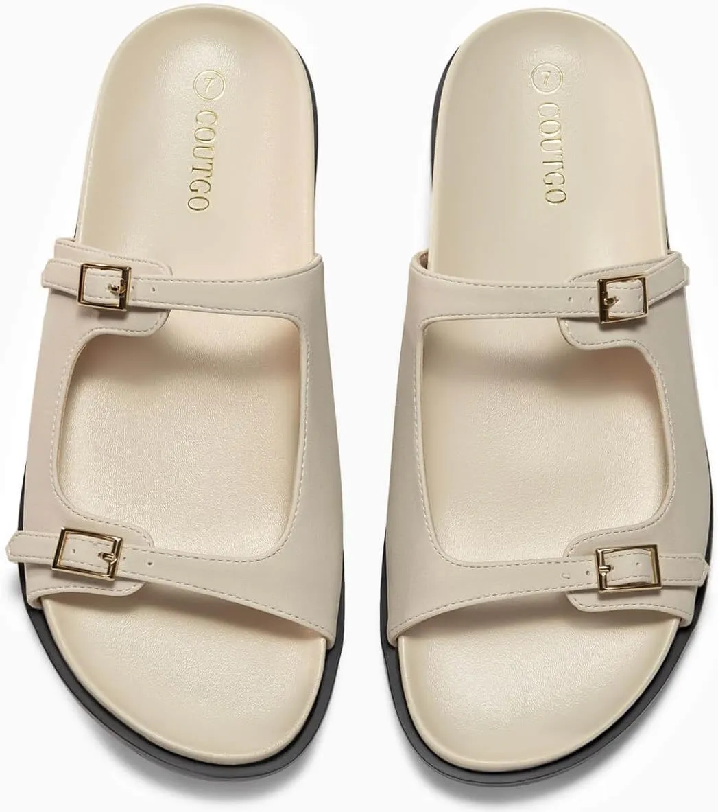 Coutgo Womens Flat Sandals Comfortable Wide Width Slides Double Strap Adjustable Buckle Slip on Shoes