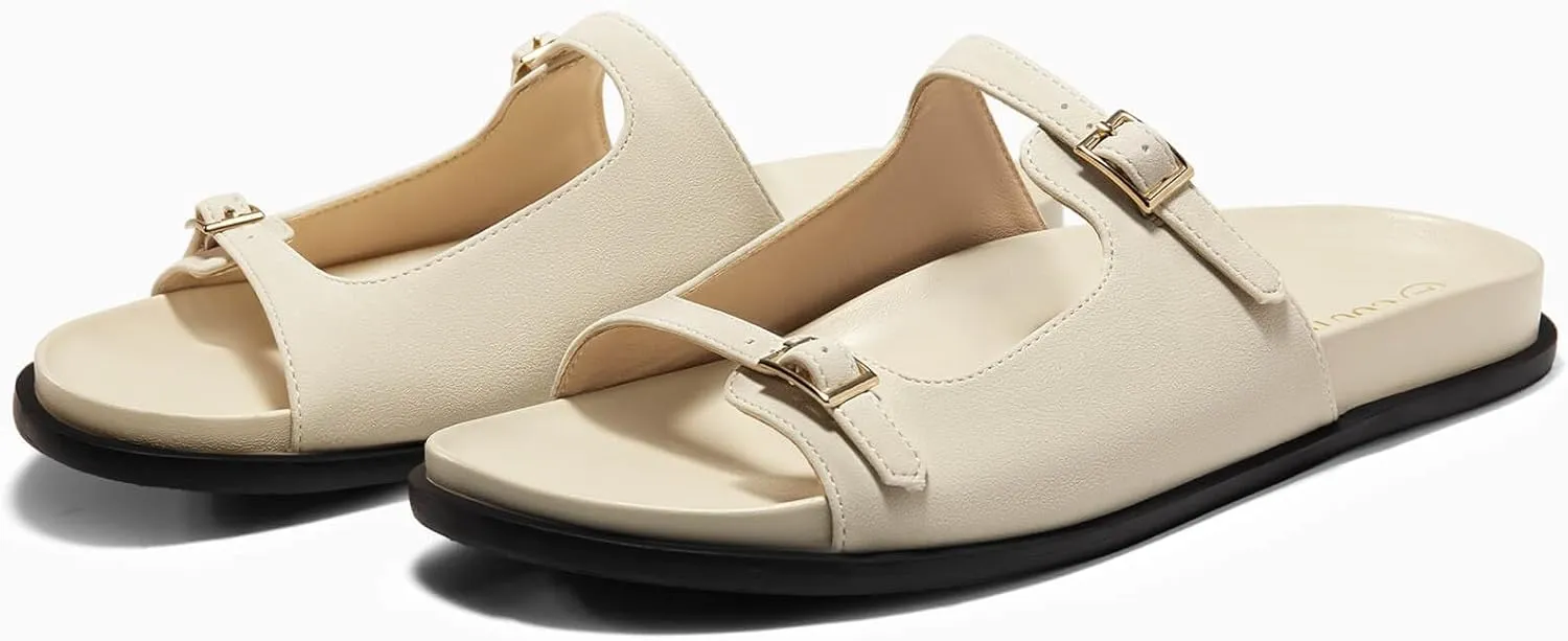 Coutgo Womens Flat Sandals Comfortable Wide Width Slides Double Strap Adjustable Buckle Slip on Shoes