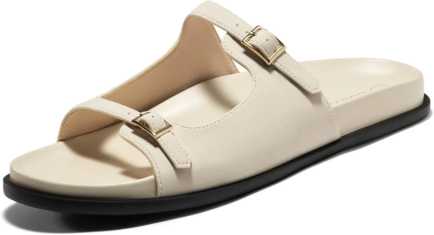 Coutgo Womens Flat Sandals Comfortable Wide Width Slides Double Strap Adjustable Buckle Slip on Shoes