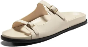 Coutgo Womens Flat Sandals Comfortable Wide Width Slides Double Strap Adjustable Buckle Slip on Shoes