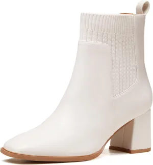 Coutgo Women's Slip On Ankle Boots Chunky Block Heel Square Toe Splicing Dress Sock Booties
