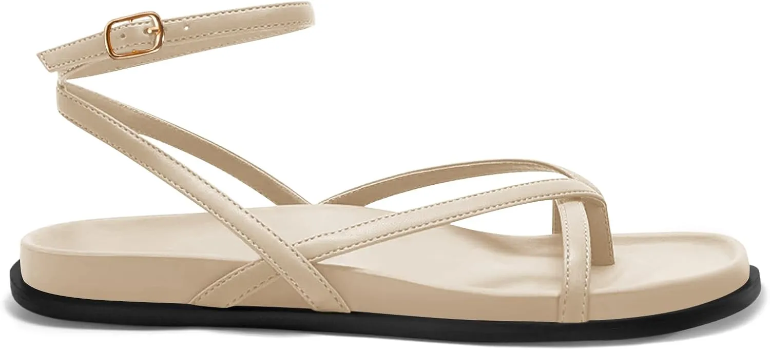 Coutgo Womens Strappy Flat Sandals Comfortable Flip Flop Footbed Sandals Ankle Strap Summer Beach Shoes