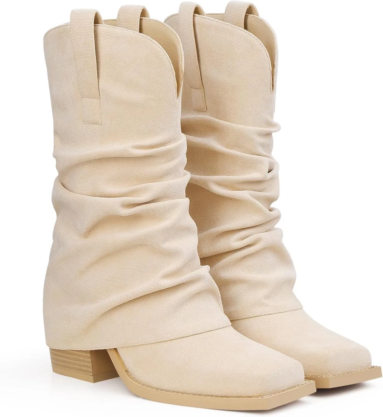 Cowboy Boots for Women Cowgirl Boots Mid Calf Square Toe Fold Over Chunky Heel Slouchy Suede Boots