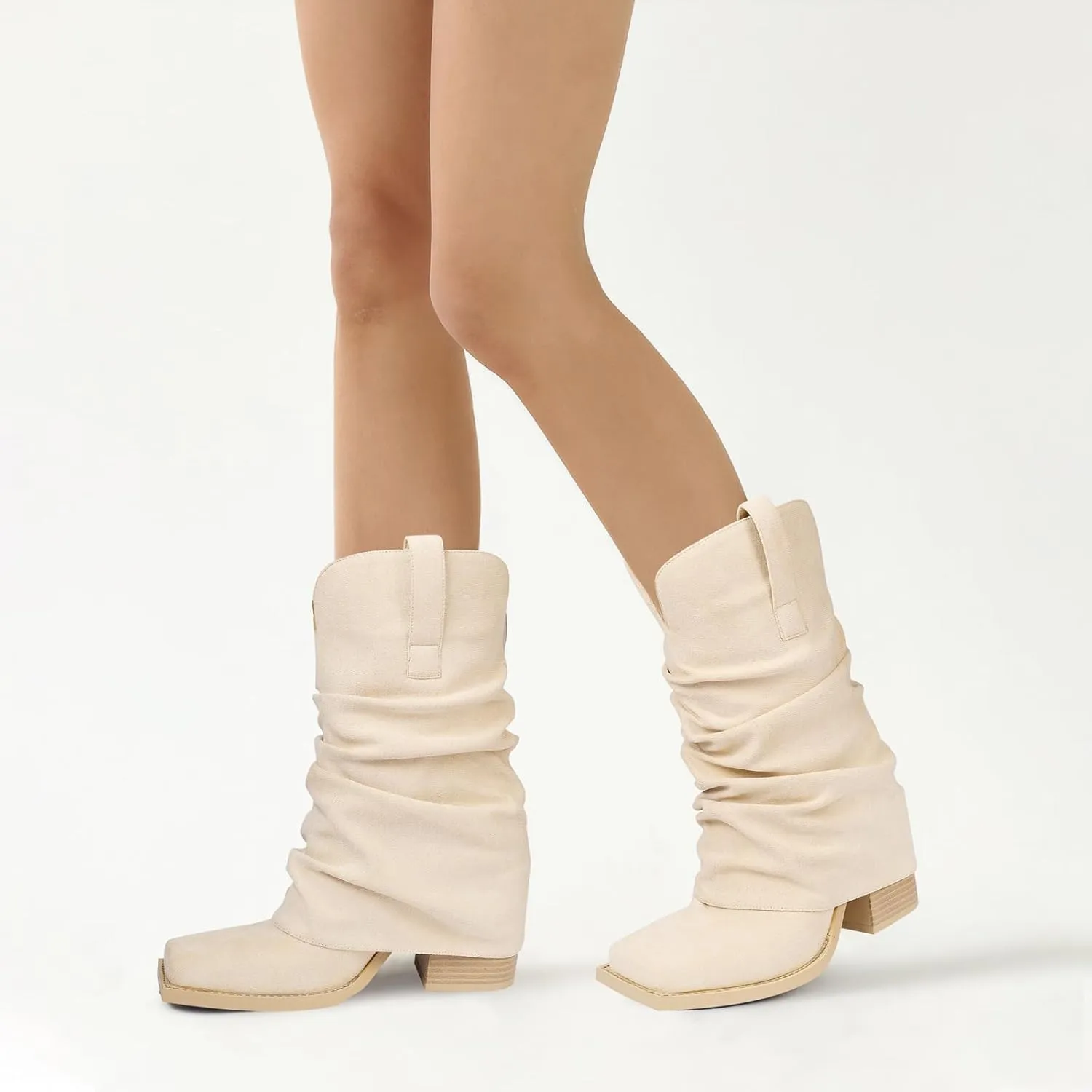 Cowboy Boots for Women Cowgirl Boots Mid Calf Square Toe Fold Over Chunky Heel Slouchy Suede Boots