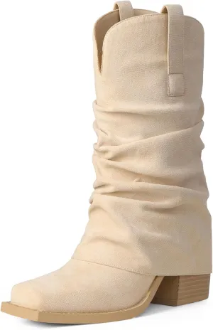 Cowboy Boots for Women Cowgirl Boots Mid Calf Square Toe Fold Over Chunky Heel Slouchy Suede Boots