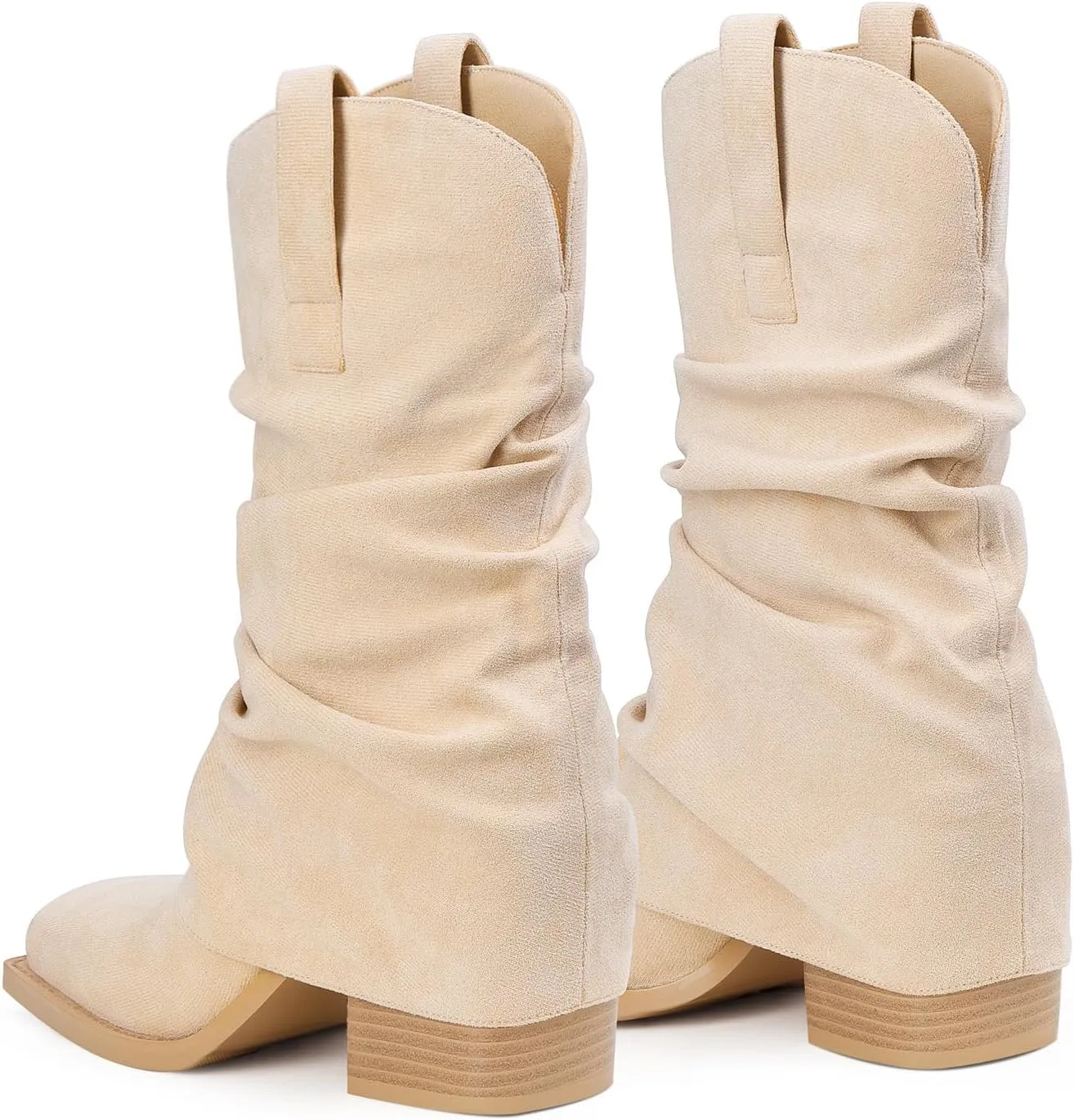 Cowboy Boots for Women Cowgirl Boots Mid Calf Square Toe Fold Over Chunky Heel Slouchy Suede Boots