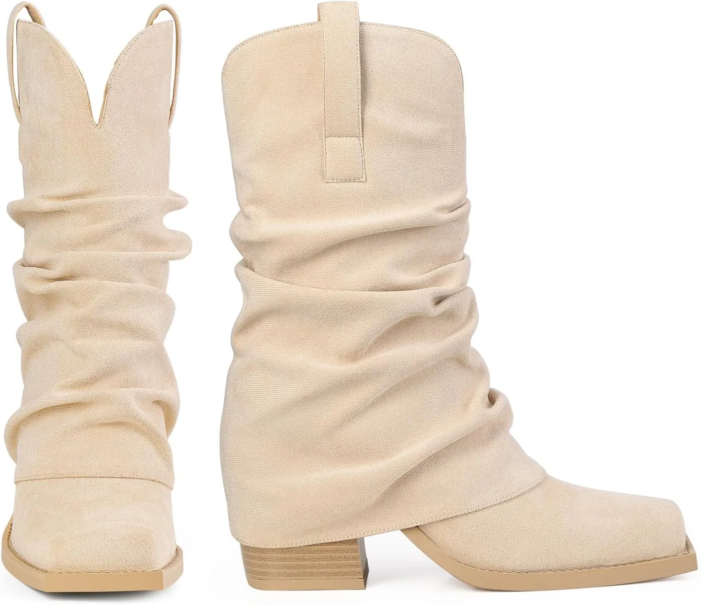 Cowboy Boots for Women Cowgirl Boots Mid Calf Square Toe Fold Over Chunky Heel Slouchy Suede Boots