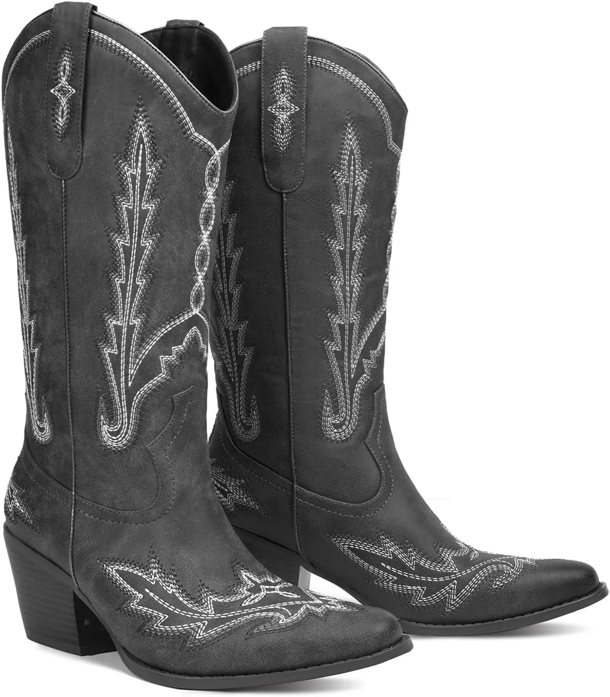Cowboy Boots for Women Cowgirl Boots Mid Calf Western Country Pointed Toe Embroidery Chunky Heel Pull On Red