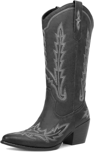 Cowboy Boots for Women Cowgirl Boots Mid Calf Western Country Pointed Toe Embroidery Chunky Heel Pull On Red