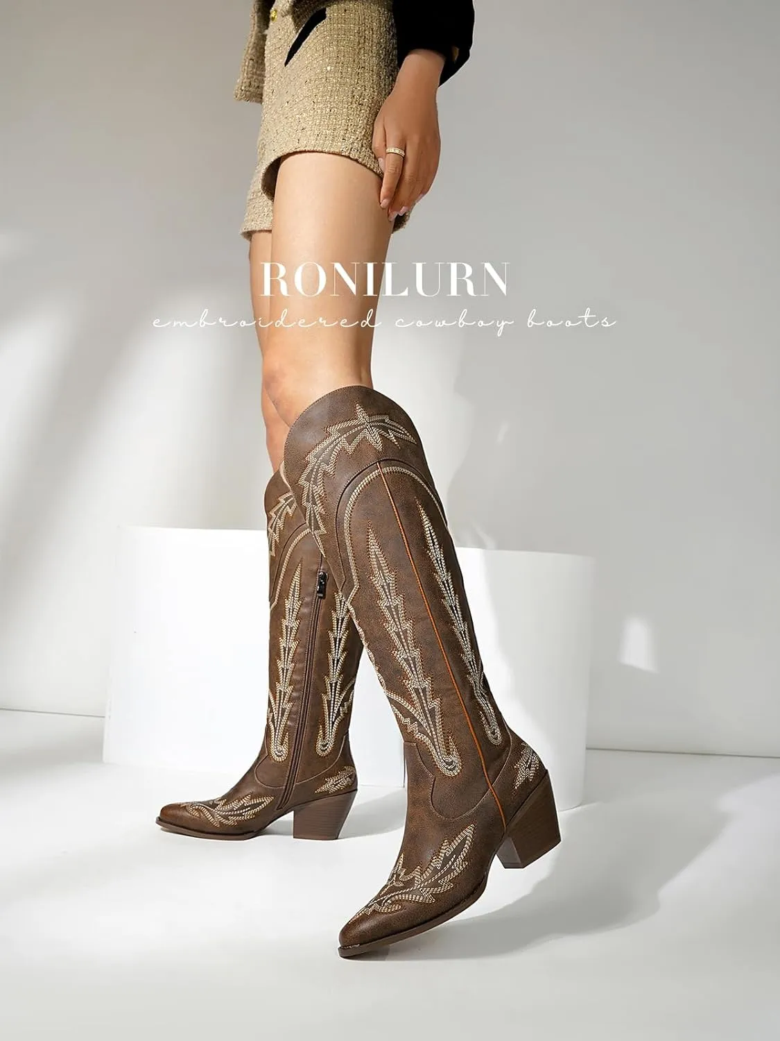Cowboy Boots for Women Cowgirl Boots Mid Calf Western Country Pointed Toe Embroidery Chunky Heel Pull On Red