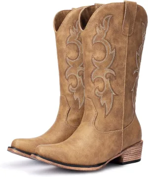Cowboy Boots for Women - Embroidered Cowgirl Boots Western Mid Calf Fashion Chunky Heel Pointed Toe Country Boot