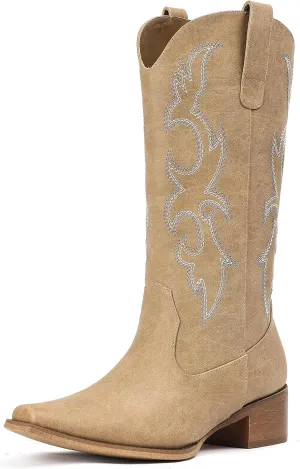 Cowboy Boots for Women - Embroidered Cowgirl Boots Western Mid Calf Fashion Chunky Heel Pointed Toe Country Boot