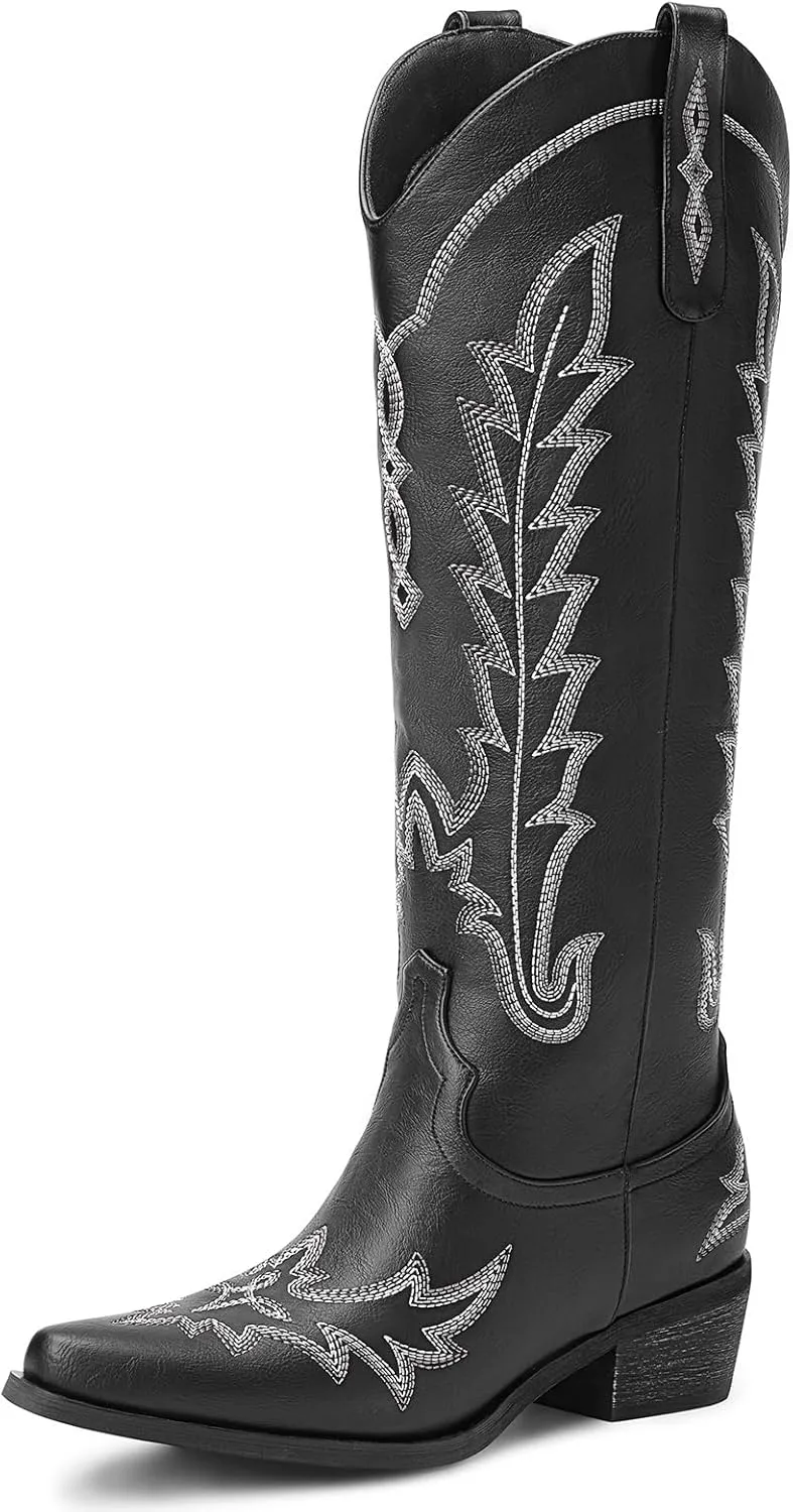 Cowboy Boots for Women - Knee High Embroidered Western Cowgirl Boots, Pointed Toe Chunky Heel Retro Country Boots, Pull On Zipper Vintage Fashion Tall Boots for Girls Ladies