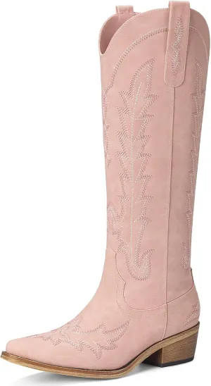 Cowboy Boots for Women - Knee High Embroidered Western Cowgirl Boots, Pointed Toe Chunky Heel Retro Country Boots, Pull On Zipper Vintage Fashion Tall Boots for Girls Ladies
