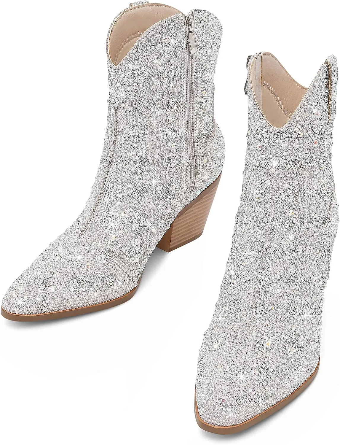Cowgirl Ankle Boots Cowboy Boots for Women Western Booties Rhinestone Chunky Heel Fashion Comfortable Side Zipper