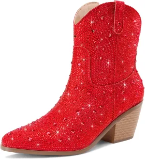 Cowgirl Ankle Boots Cowboy Boots for Women Western Booties Rhinestone Chunky Heel Fashion Comfortable Side Zipper