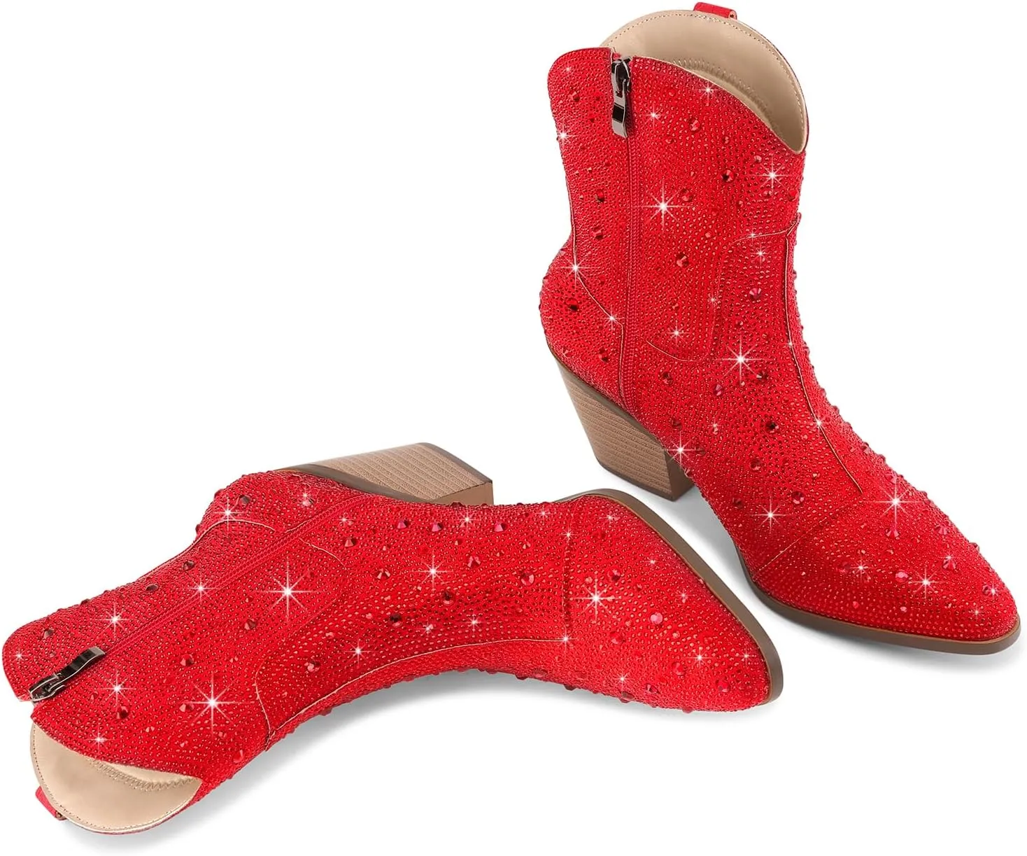Cowgirl Ankle Boots Cowboy Boots for Women Western Booties Rhinestone Chunky Heel Fashion Comfortable Side Zipper