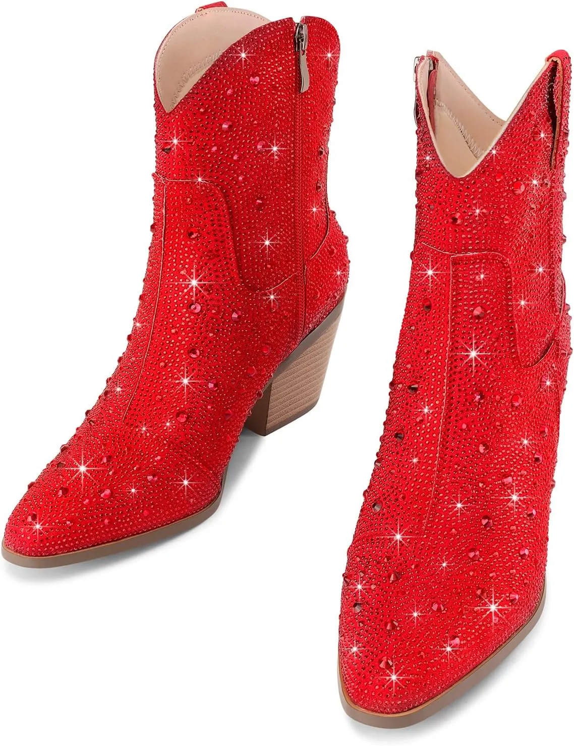 Cowgirl Ankle Boots Cowboy Boots for Women Western Booties Rhinestone Chunky Heel Fashion Comfortable Side Zipper