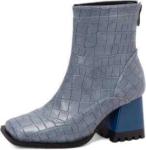 Cozivwaiy Ankle Boots for Women Crocodile Mid Heel Booties Square Toe Snakeskin Boots Women Zipper Faux Suede Boots Blue Size 38 Asian