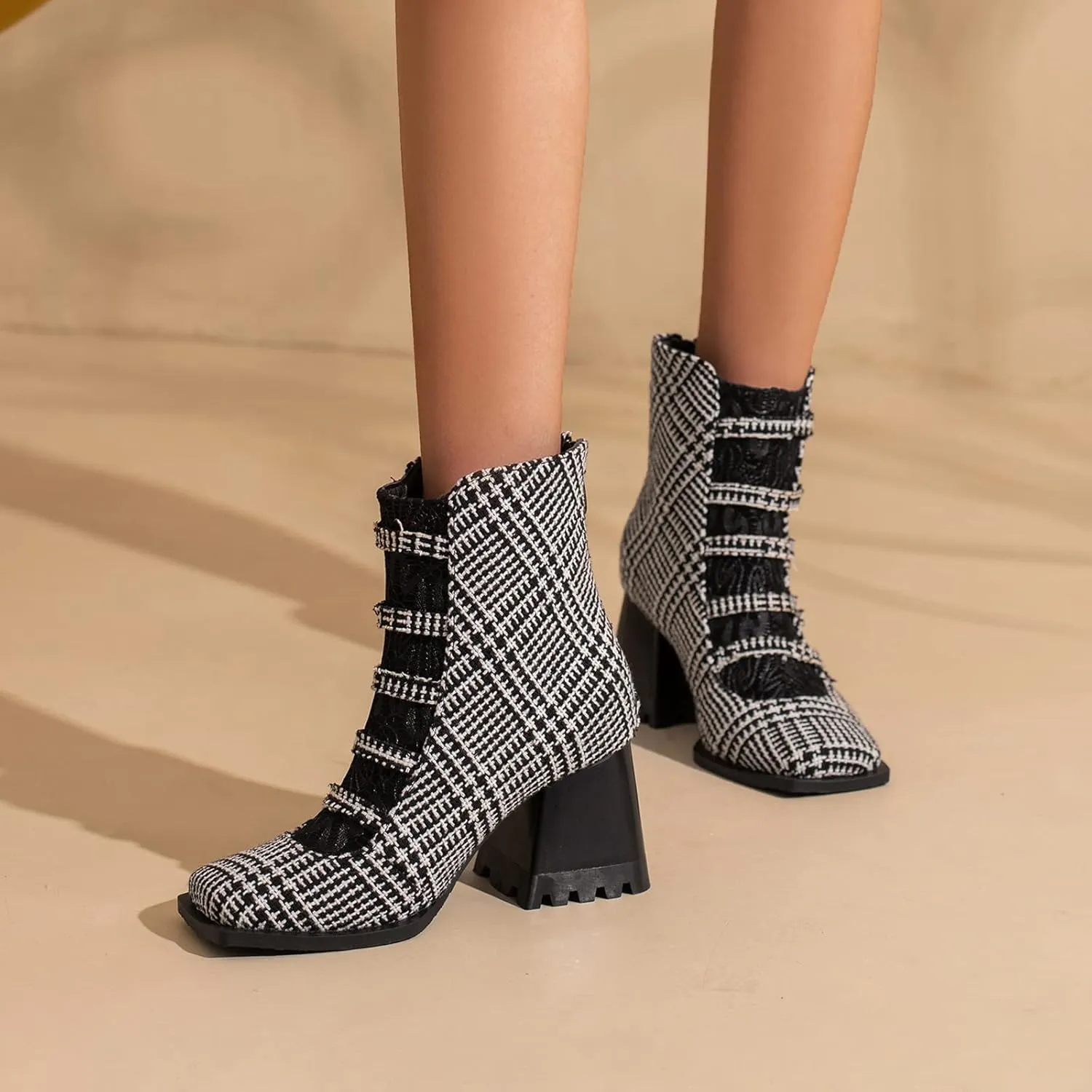 Cozivwaiy Square Toe Ankle Boots for Women Colorblocked Block Mid Heel Booties Ankle High Dress Boots Zipper Boots Women