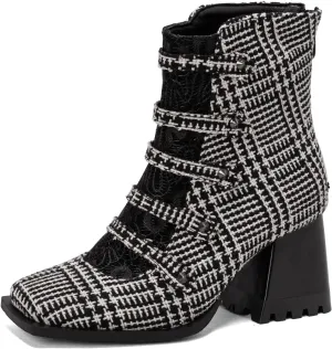 Cozivwaiy Square Toe Ankle Boots for Women Colorblocked Block Mid Heel Booties Ankle High Dress Boots Zipper Boots Women