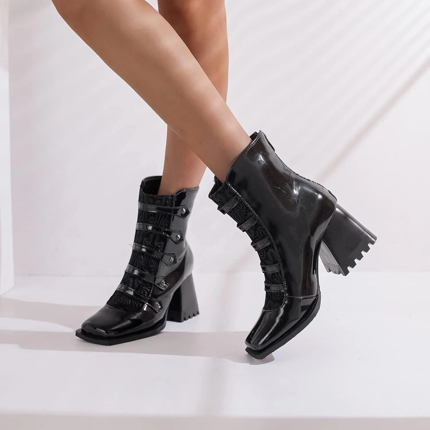 Cozivwaiy Square Toe Ankle Boots for Women Colorblocked Block Mid Heel Booties Ankle High Dress Boots Zipper Boots Women