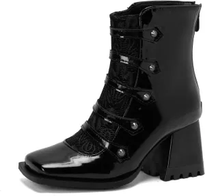 Cozivwaiy Square Toe Ankle Boots for Women Colorblocked Block Mid Heel Booties Ankle High Dress Boots Zipper Boots Women