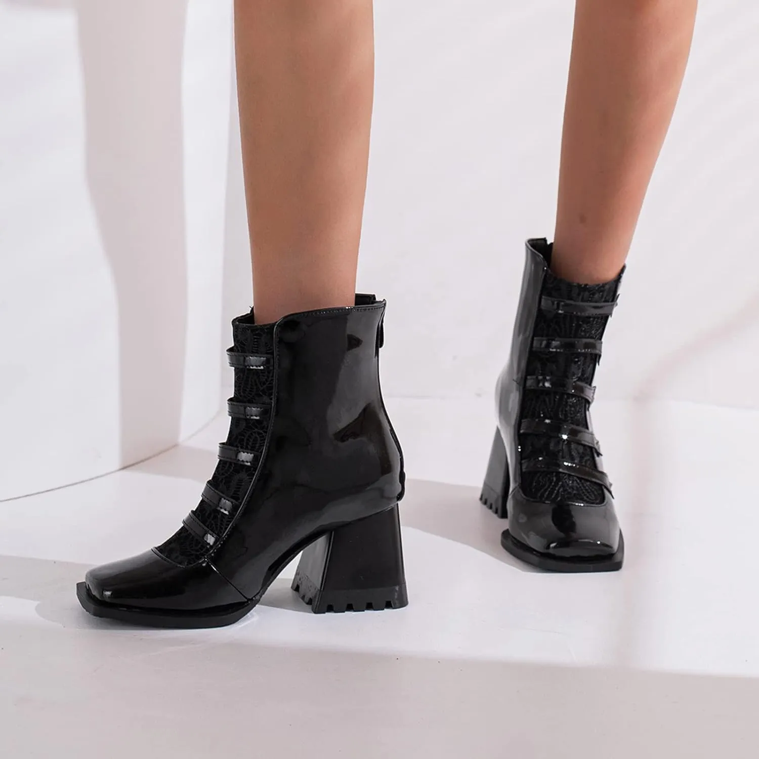 Cozivwaiy Square Toe Ankle Boots for Women Colorblocked Block Mid Heel Booties Ankle High Dress Boots Zipper Boots Women