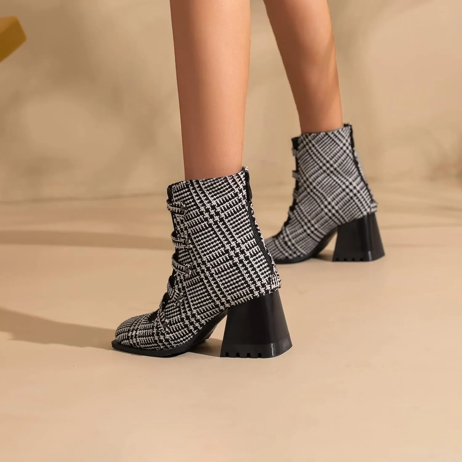 Cozivwaiy Square Toe Ankle Boots for Women Colorblocked Block Mid Heel Booties Ankle High Dress Boots Zipper Boots Women