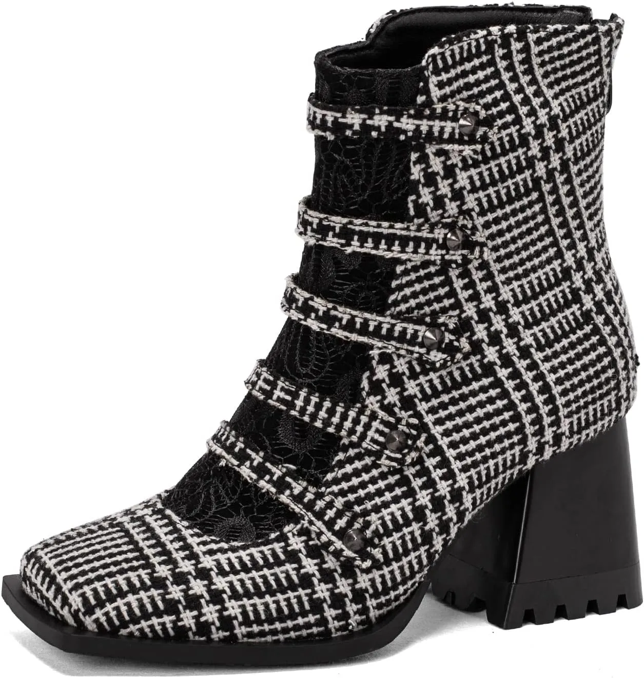 Cozivwaiy Square Toe Ankle Boots for Women Colorblocked Block Mid Heel Booties Ankle High Dress Boots Zipper Boots Women