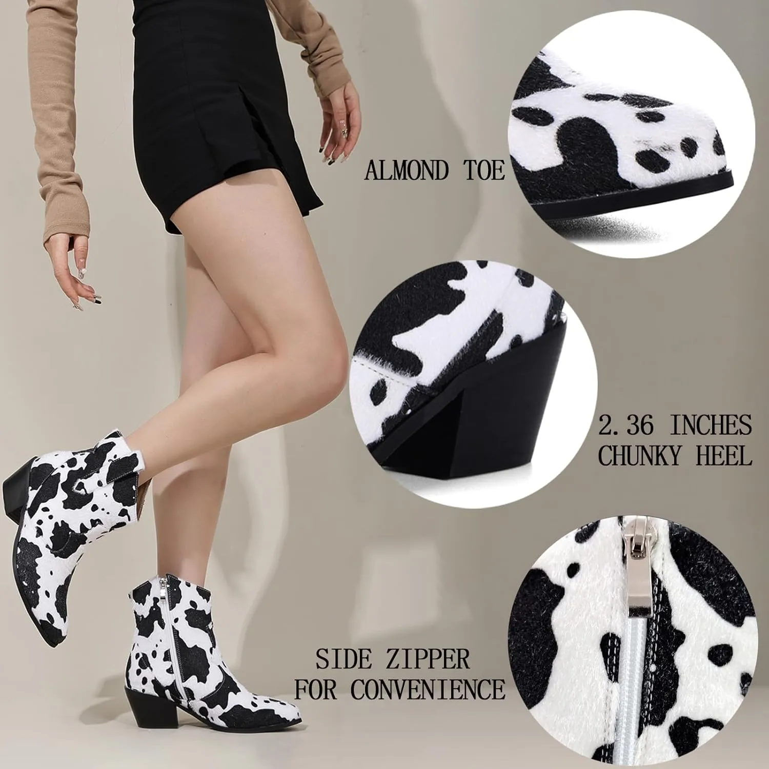 Cozivwaiy Women Cow Print Ankle Boots Chunky Heel Short Boots Animal Print Cowboy Boots Plus size (US 6-13)